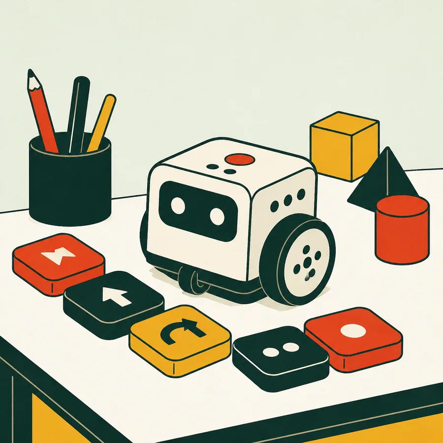 A small wheeled robot on a desk surrounded by chunky coding tiles marked with arrows and shapes.