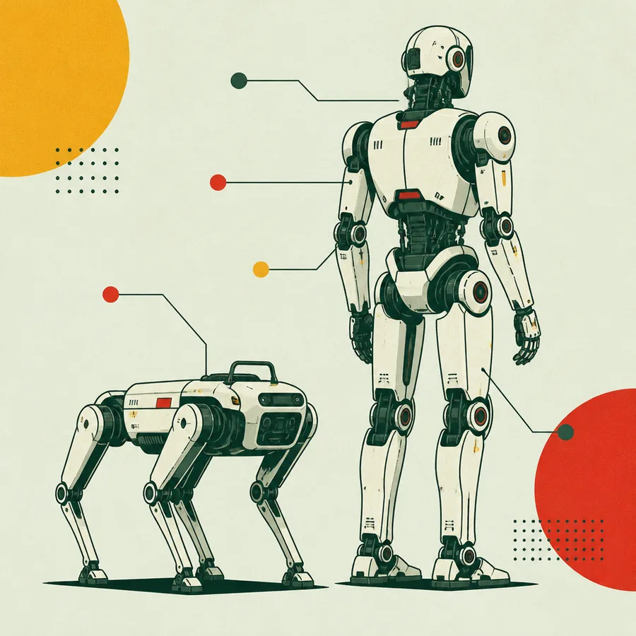 A four-legged robot dog standing beside a full-size humanoid robot, both drawn with annotation lines pointing to their joints.