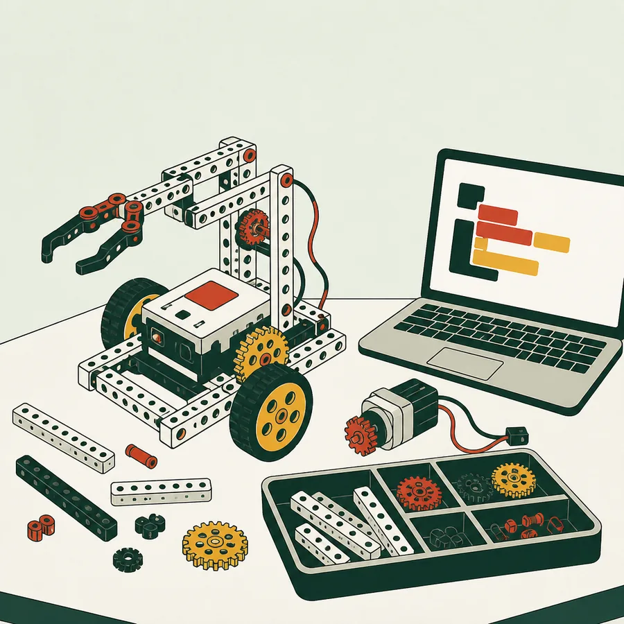 A part-built beam-and-gear robot with a claw arm on a desk, beside a laptop showing a block-coding program and a tray of sorted parts.
