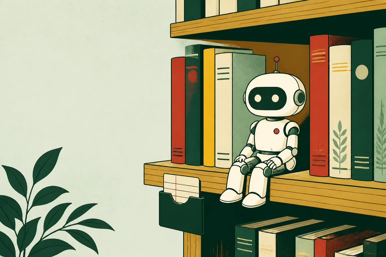 A small white robot sitting on a library shelf between rows of books, beside a card pocket fixed to the shelf edge.