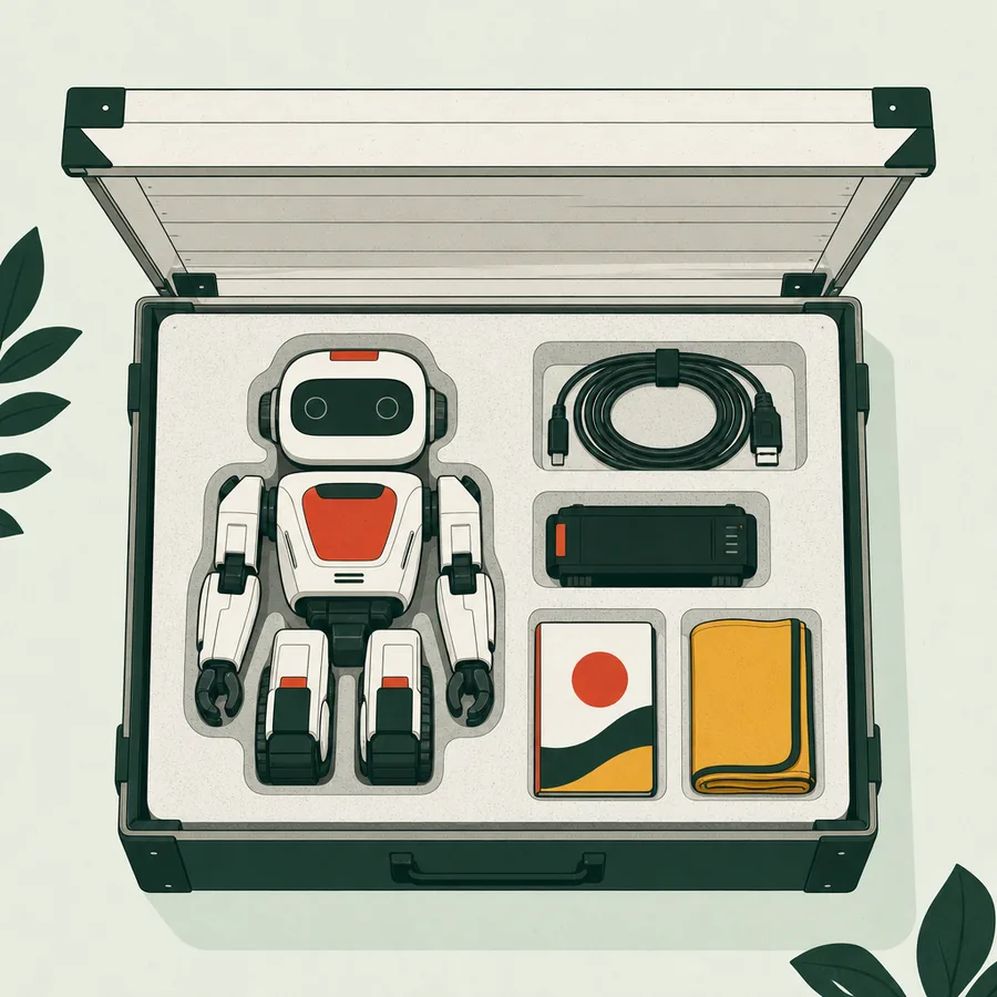 An open hard case with foam cut-outs holding a humanoid robot, a coiled cable, a battery, a printed guide, and a folded cloth.