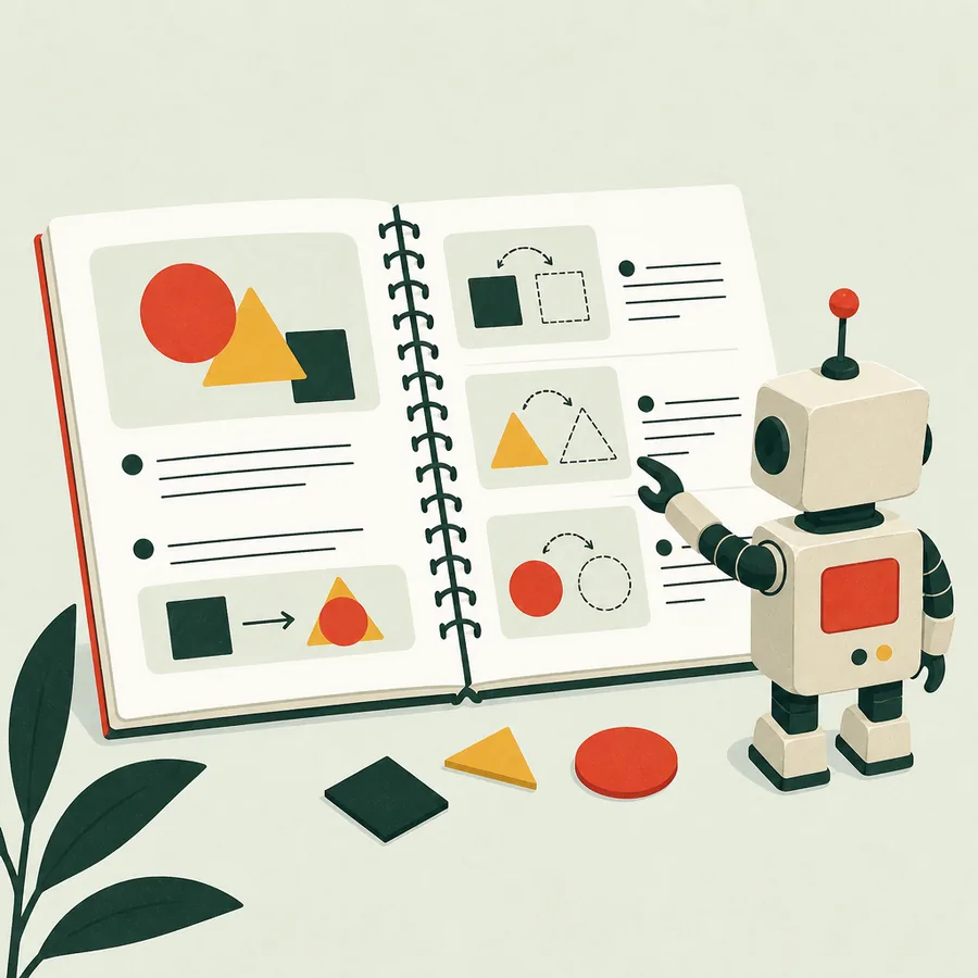 An open spiral-bound guide showing step-by-step diagrams, with a small robot standing beside it pointing at the page.
